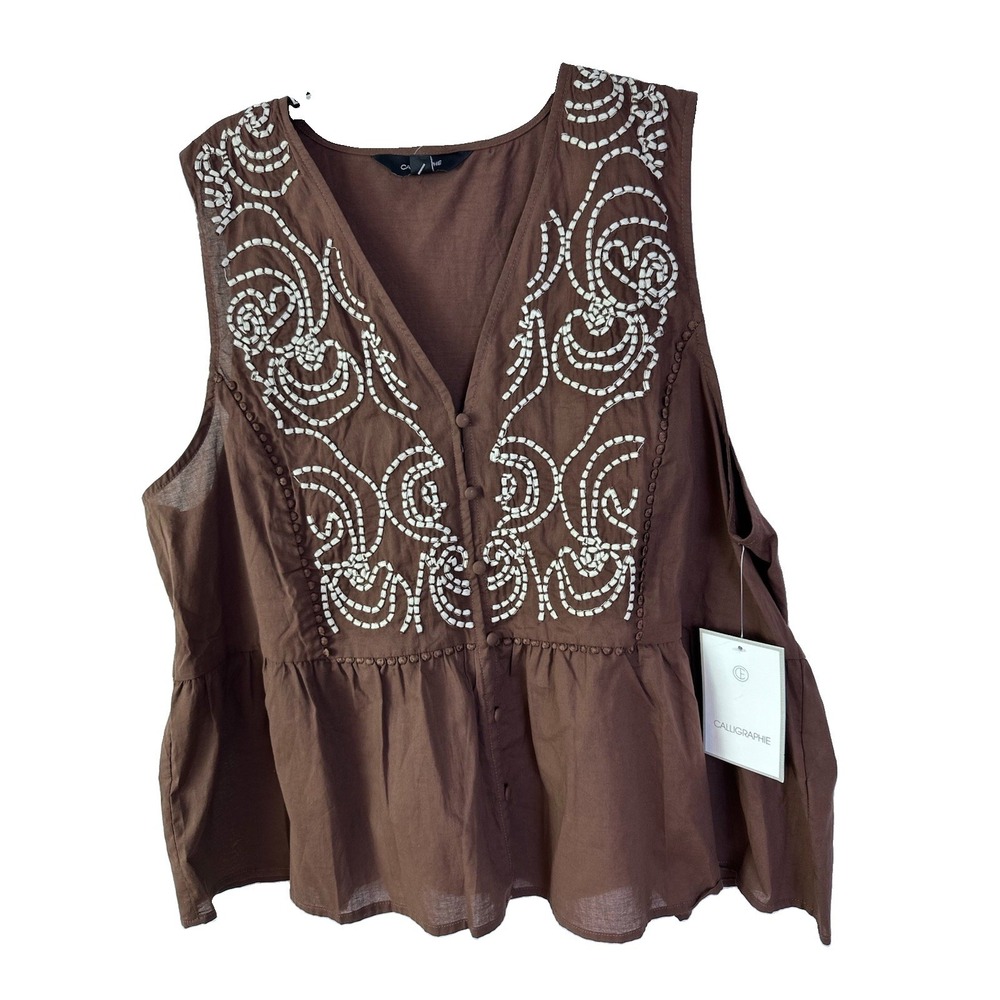 Calligraphie V-Neck Brown Boho Blouse Peplum Embroidered Sleeveless Cotton